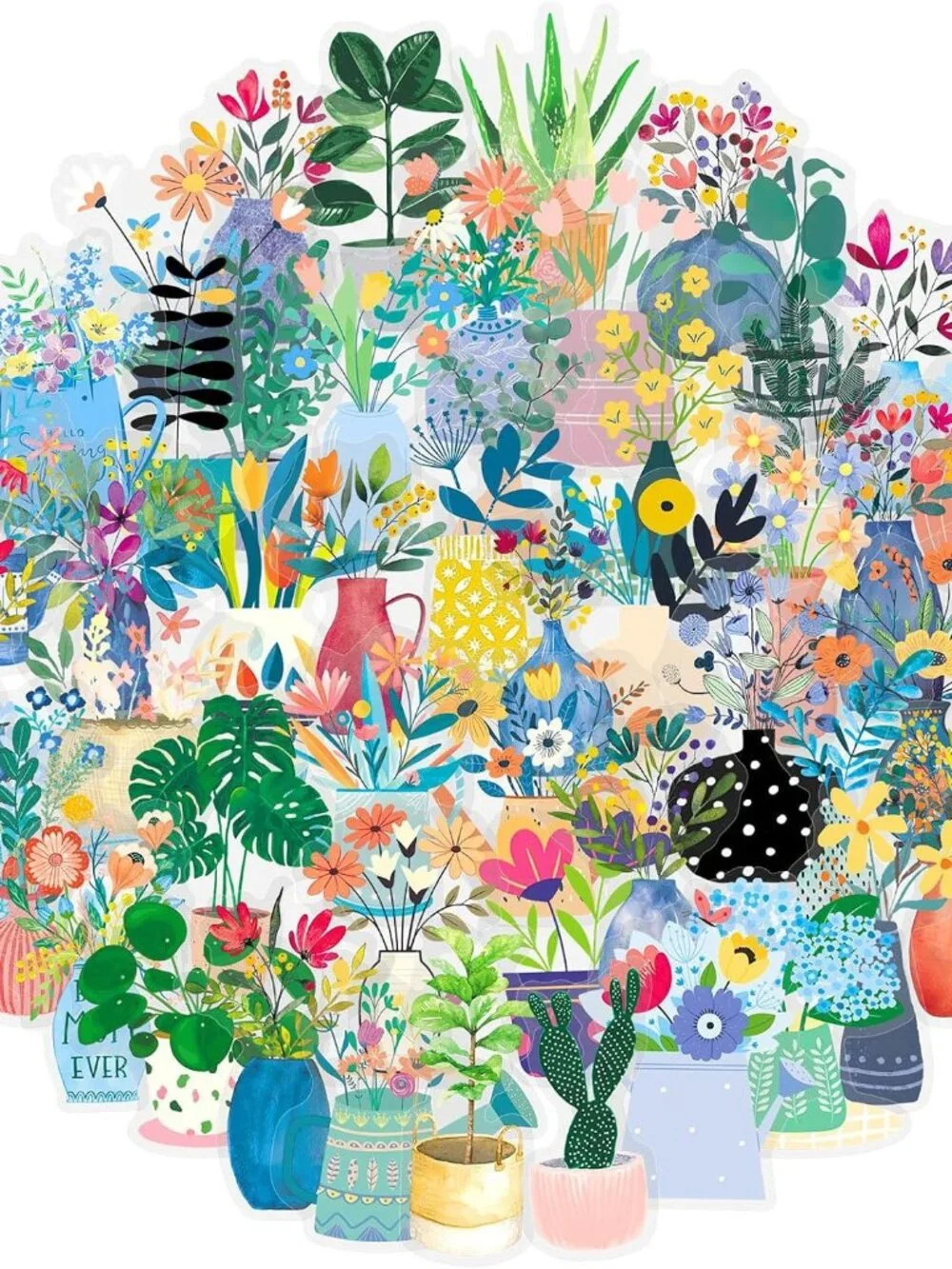 50 Pcs Green Plants PET Stickers Potted Plant Floral Sticker for Laptops Water B